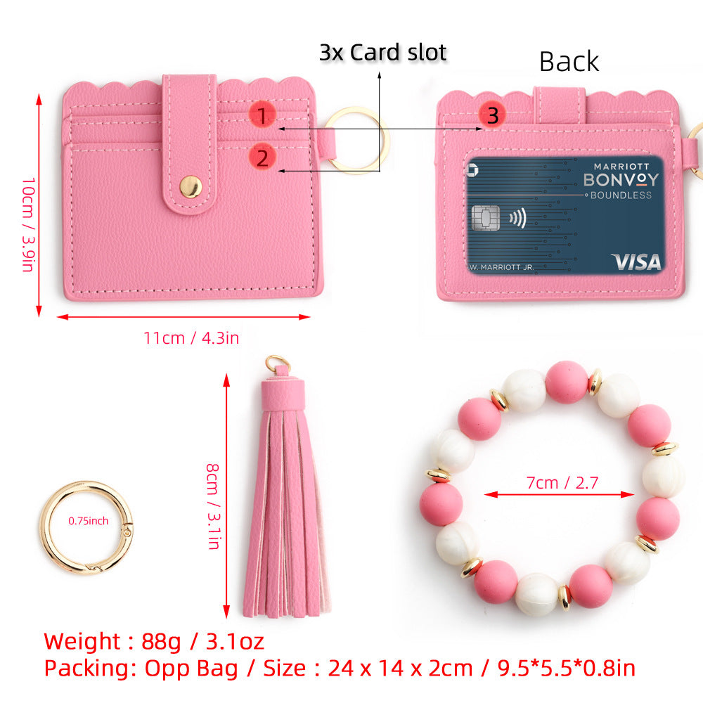 Scalloped Card Holder Bead Bangle Keychain - Darkpink - 1