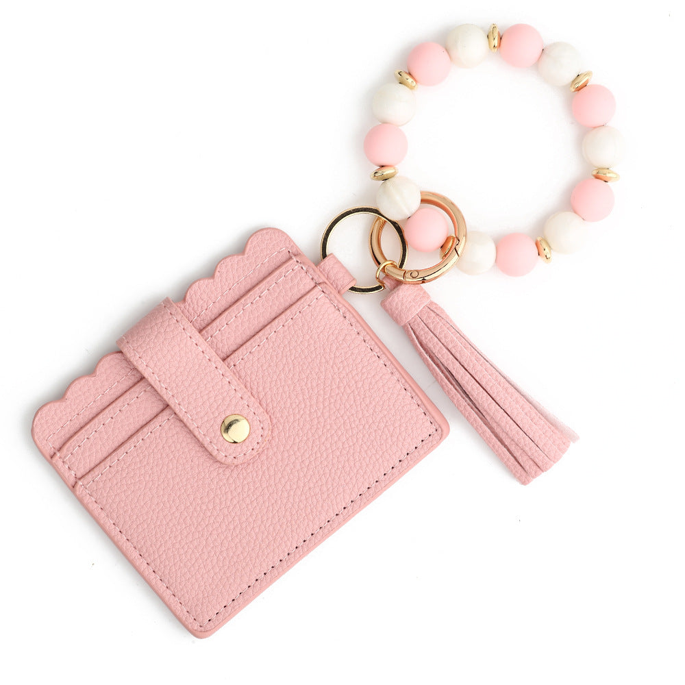 Scalloped Card Holder Bead Bangle Keychain - Pink