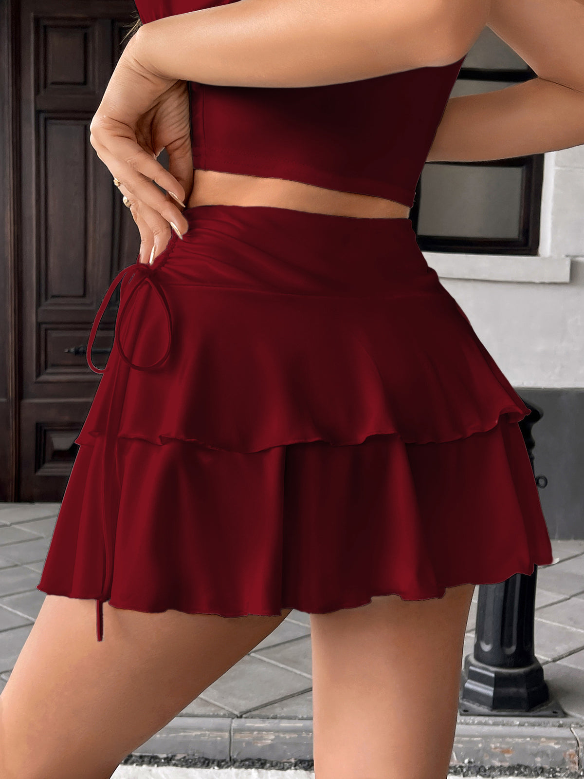 High Waist Tiered Ruffle Mini Skirt - WineRed