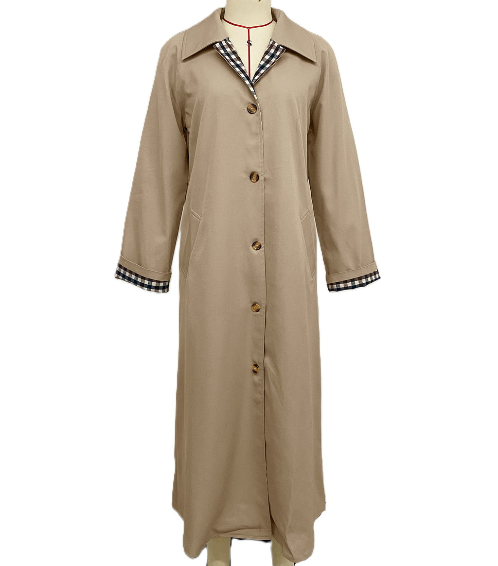 Longline Trench Coat With Gingham Trim - Khaki