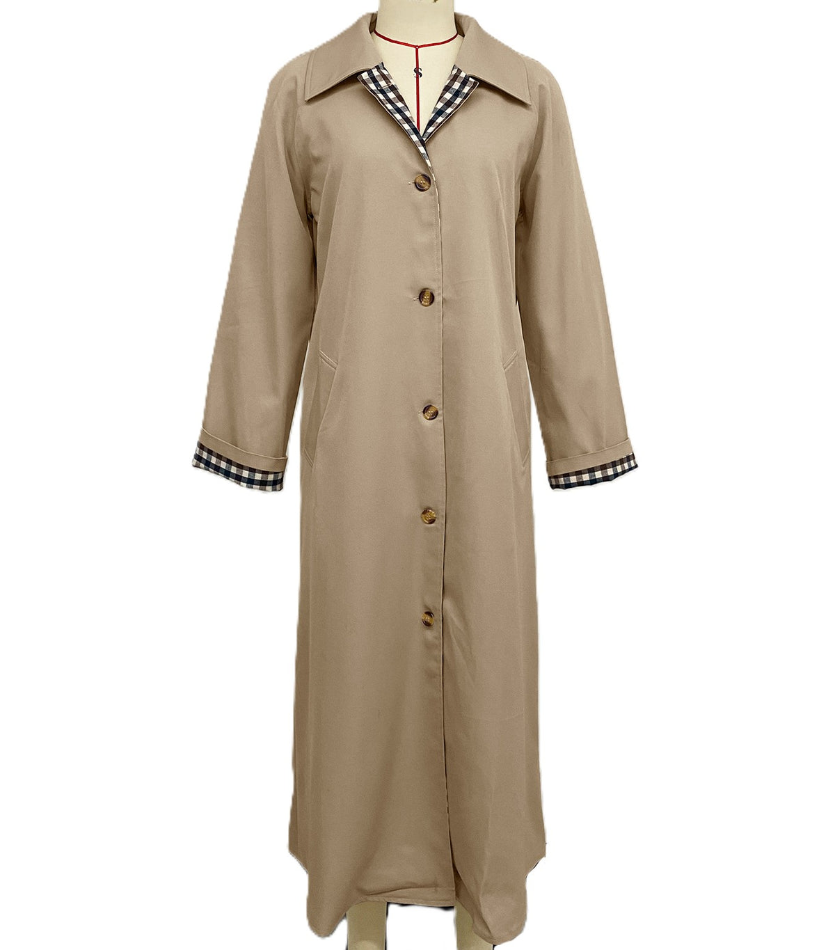 Longline Trench Coat With Gingham Trim - Khaki