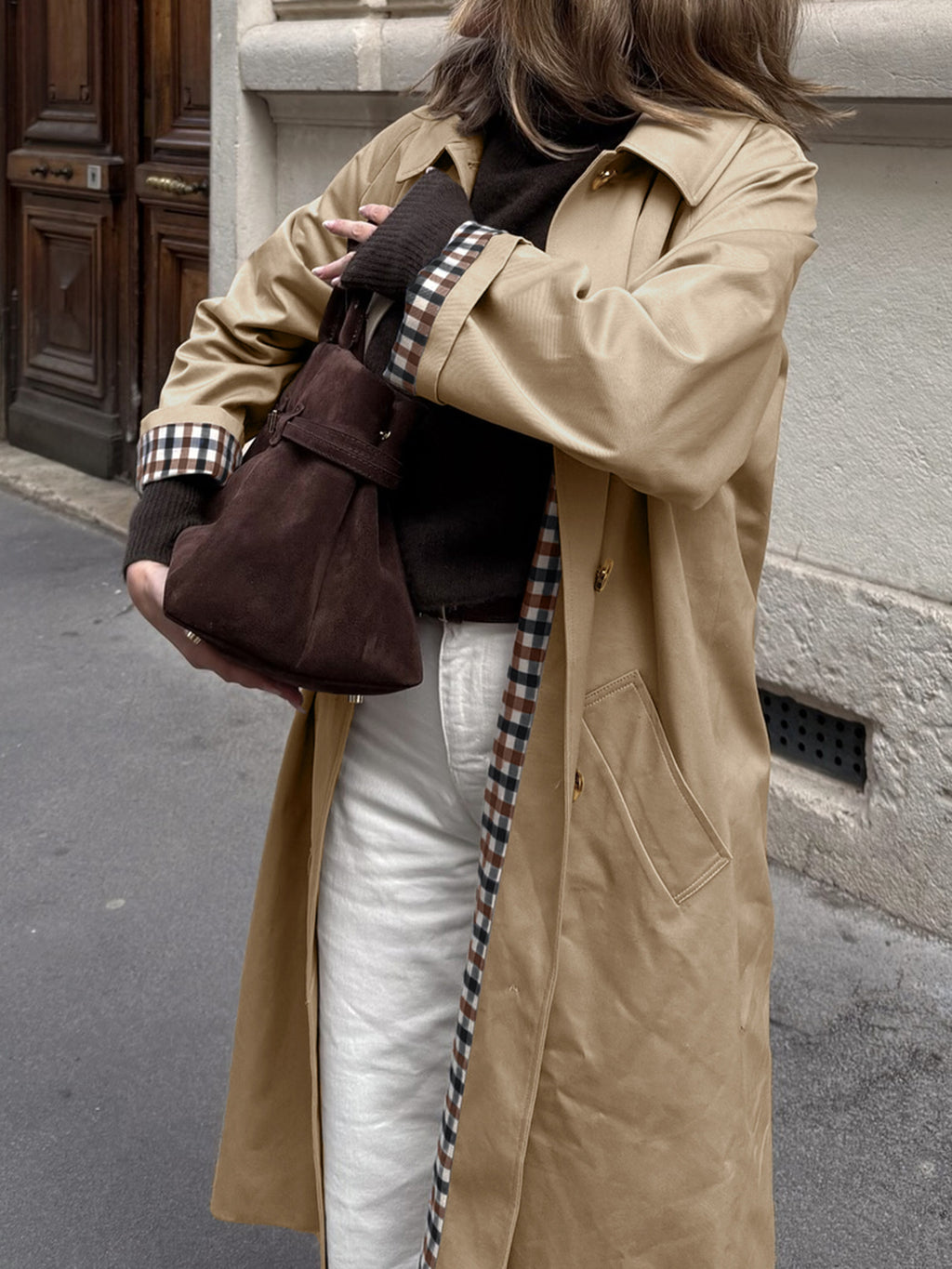 Longline Trench Coat With Gingham Trim - Khaki - 2