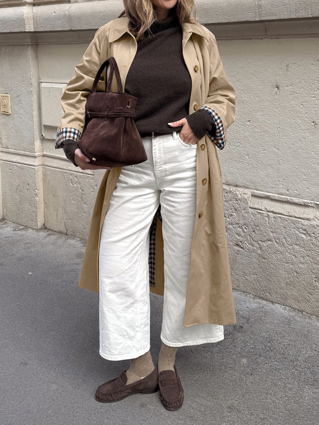 Longline Trench Coat With Gingham Trim - Khaki - 3
