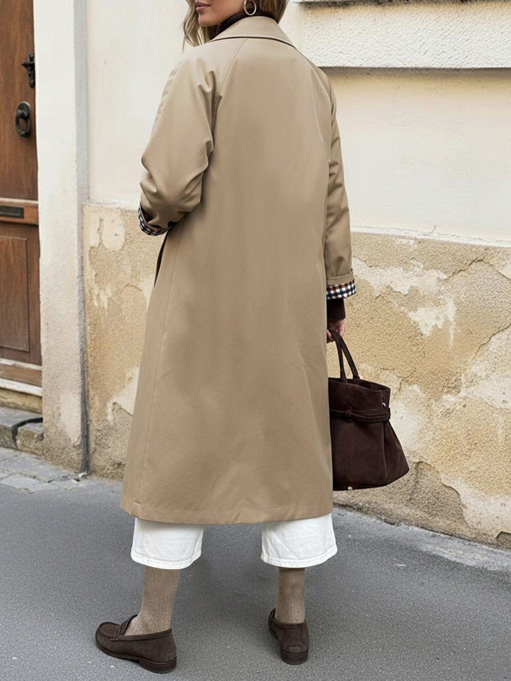 Longline Trench Coat With Gingham Trim - Khaki - 4