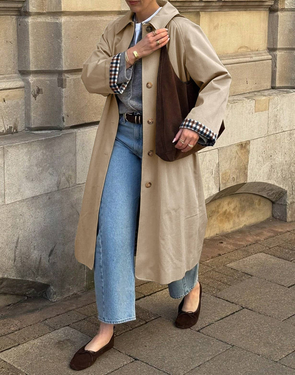Longline Trench Coat With Gingham Trim