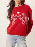 Lobster Intarsia Whipstitch Crewneck Sweater - Red