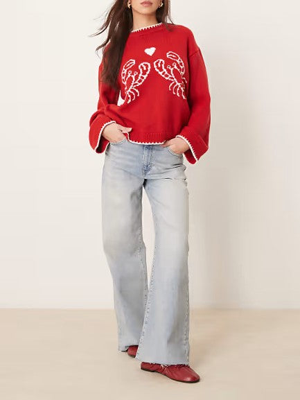 Lobster Intarsia Whipstitch Crewneck Sweater - Red - 2