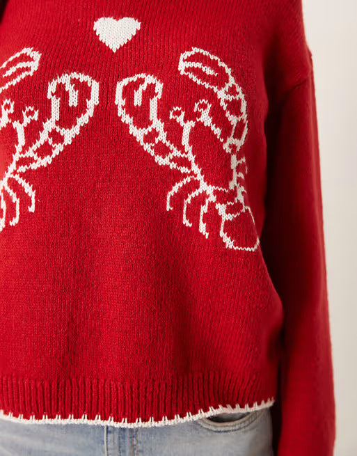Lobster Intarsia Whipstitch Crewneck Sweater - Red - 3