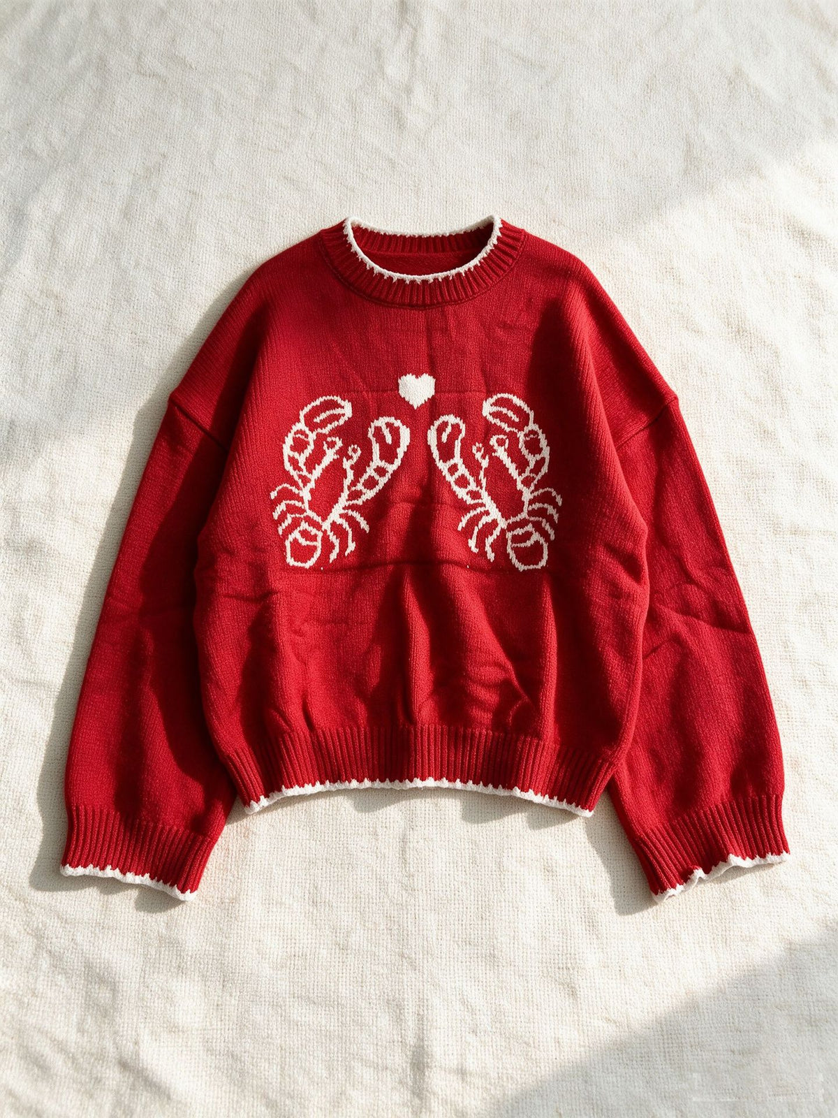 Lobster Intarsia Whipstitch Crewneck Sweater - Red - 4
