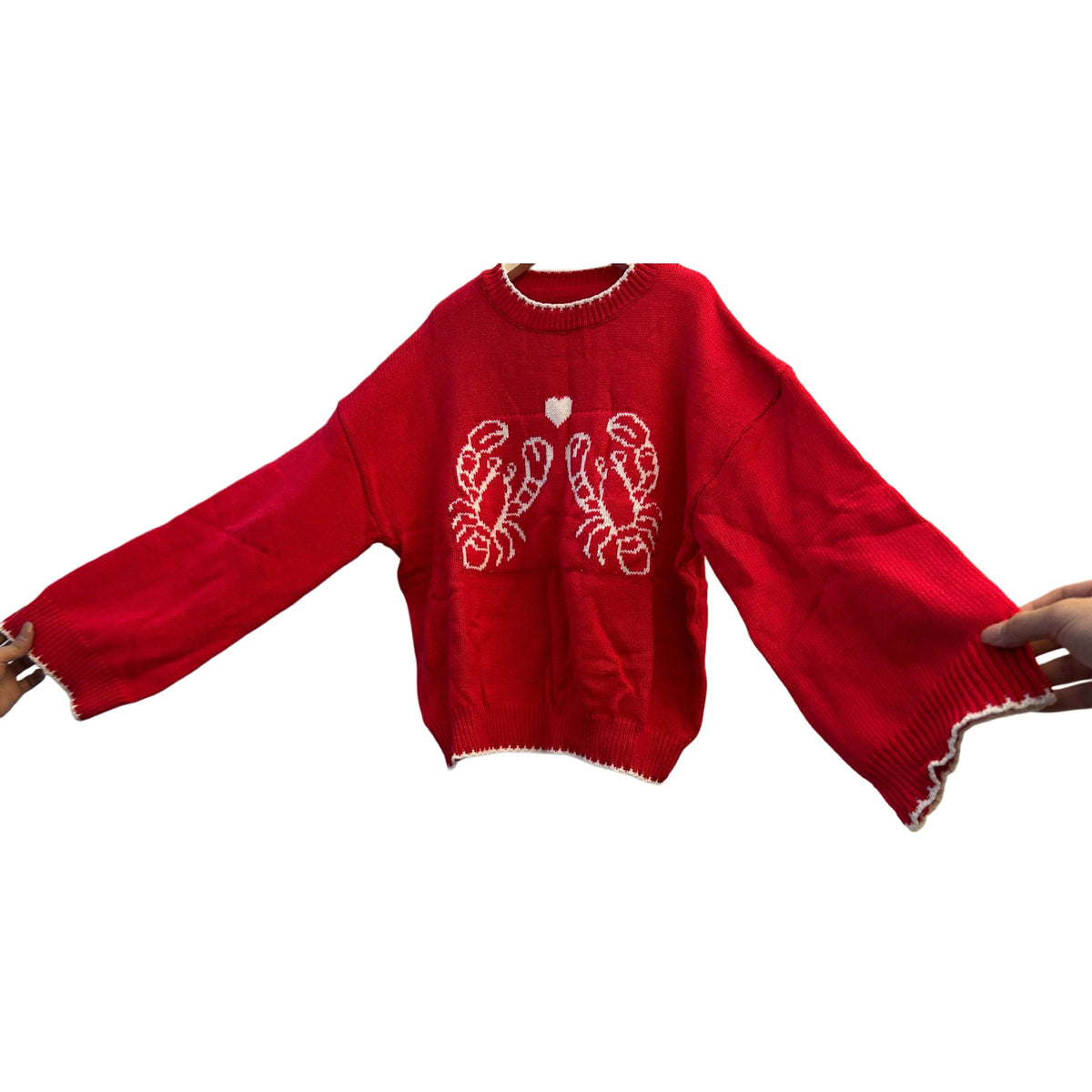 Lobster Intarsia Whipstitch Crewneck Sweater - Red - 5