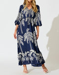 Palm Print Bell Sleeve Tiered Maxi Dress - Navyblue