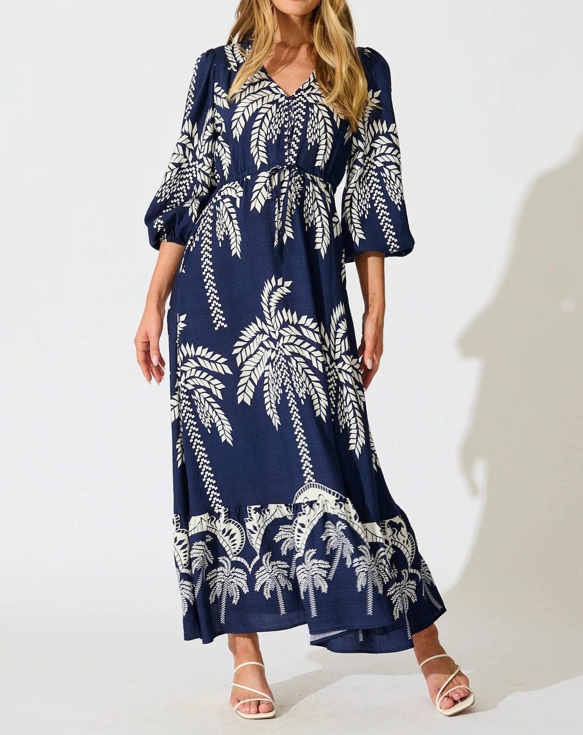 Palm Print Bell Sleeve Tiered Maxi Dress - Navyblue