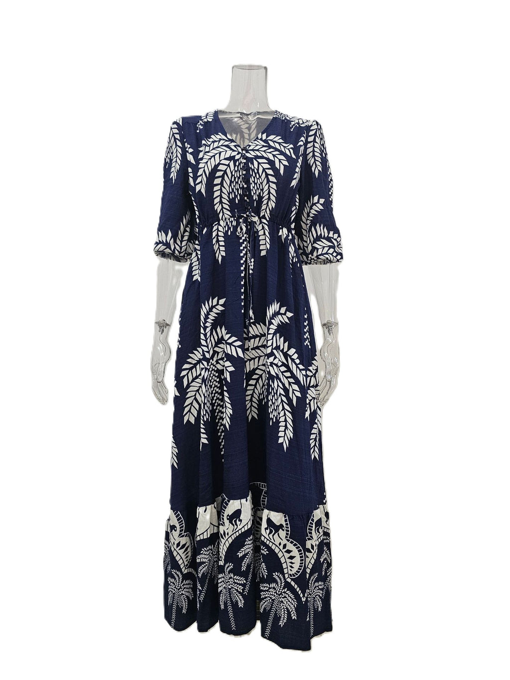 Palm Print Bell Sleeve Tiered Maxi Dress - Navyblue - 1