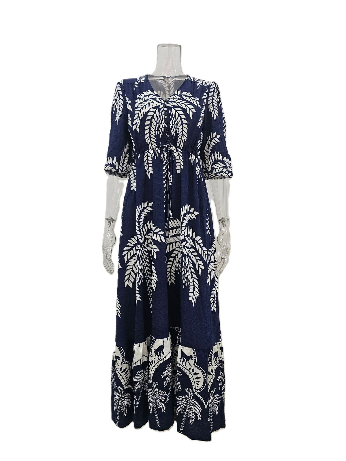 Palm Print Bell Sleeve Tiered Maxi Dress - Navyblue - 1