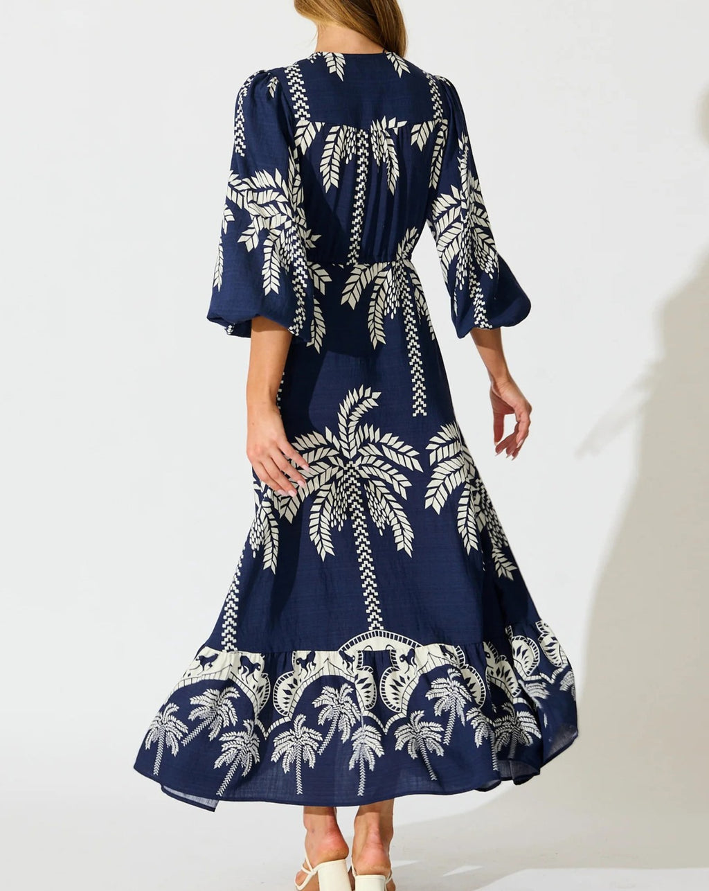 Palm Print Bell Sleeve Tiered Maxi Dress - Navyblue - 2