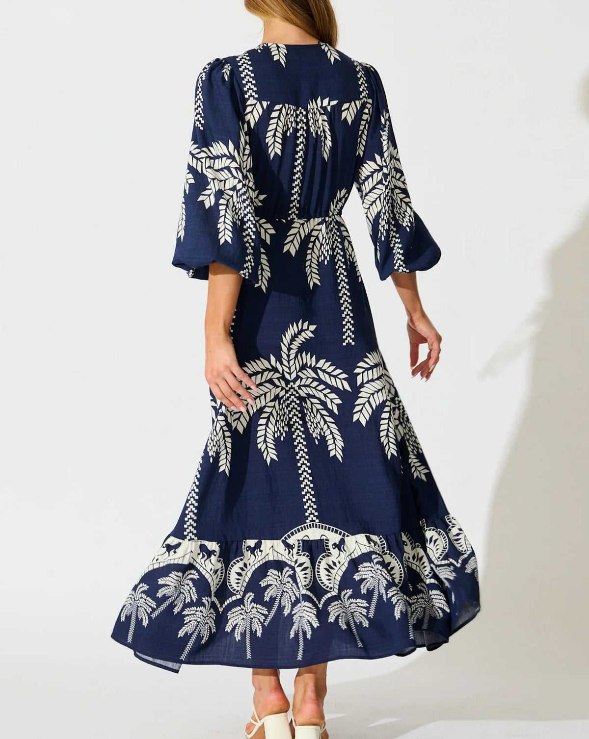 Palm Print Bell Sleeve Tiered Maxi Dress - Navyblue - 2