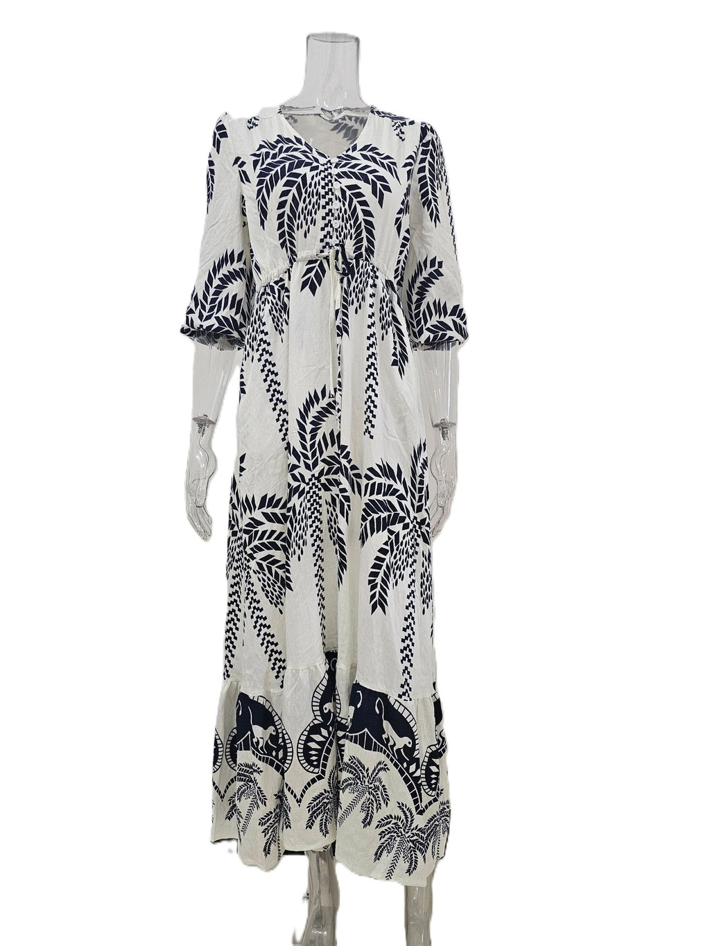 Palm Print Bell Sleeve Tiered Maxi Dress - White