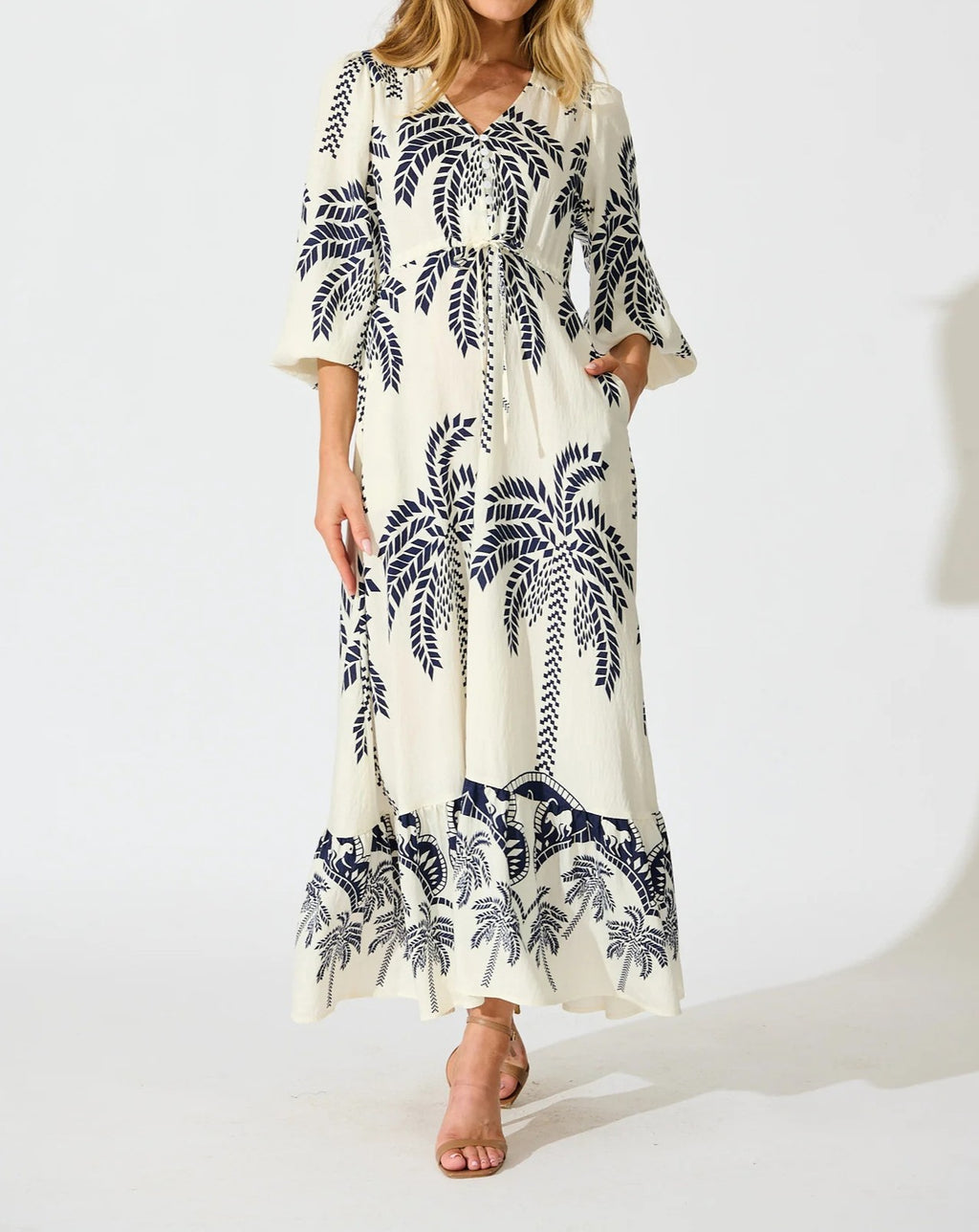Palm Print Bell Sleeve Tiered Maxi Dress - White - 1