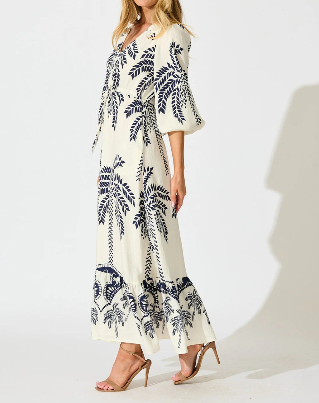 Palm Print Bell Sleeve Tiered Maxi Dress - White - 2