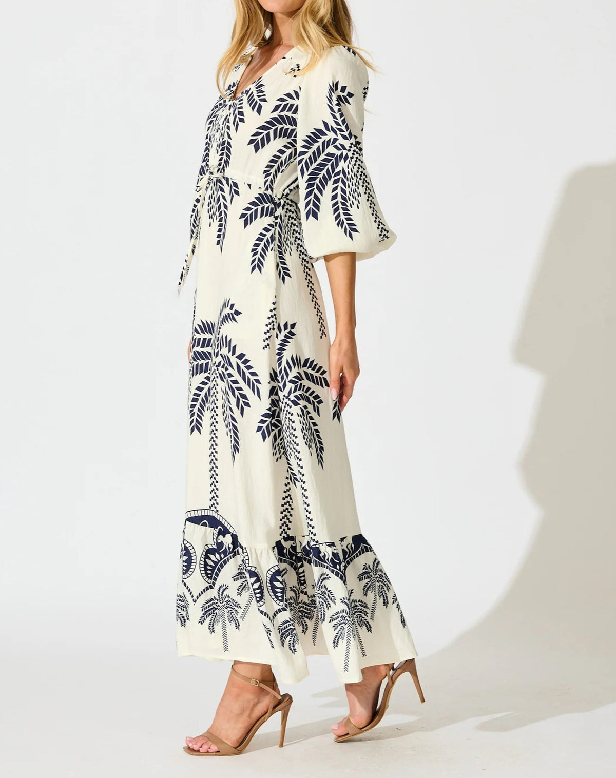 Palm Print Bell Sleeve Tiered Maxi Dress - White - 2