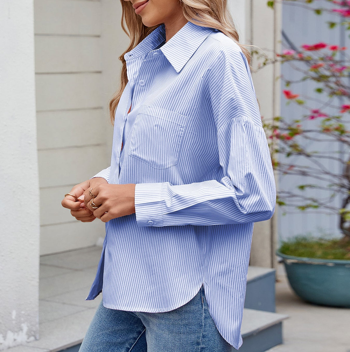 Striped Oversized Button Down Shirt - Blue