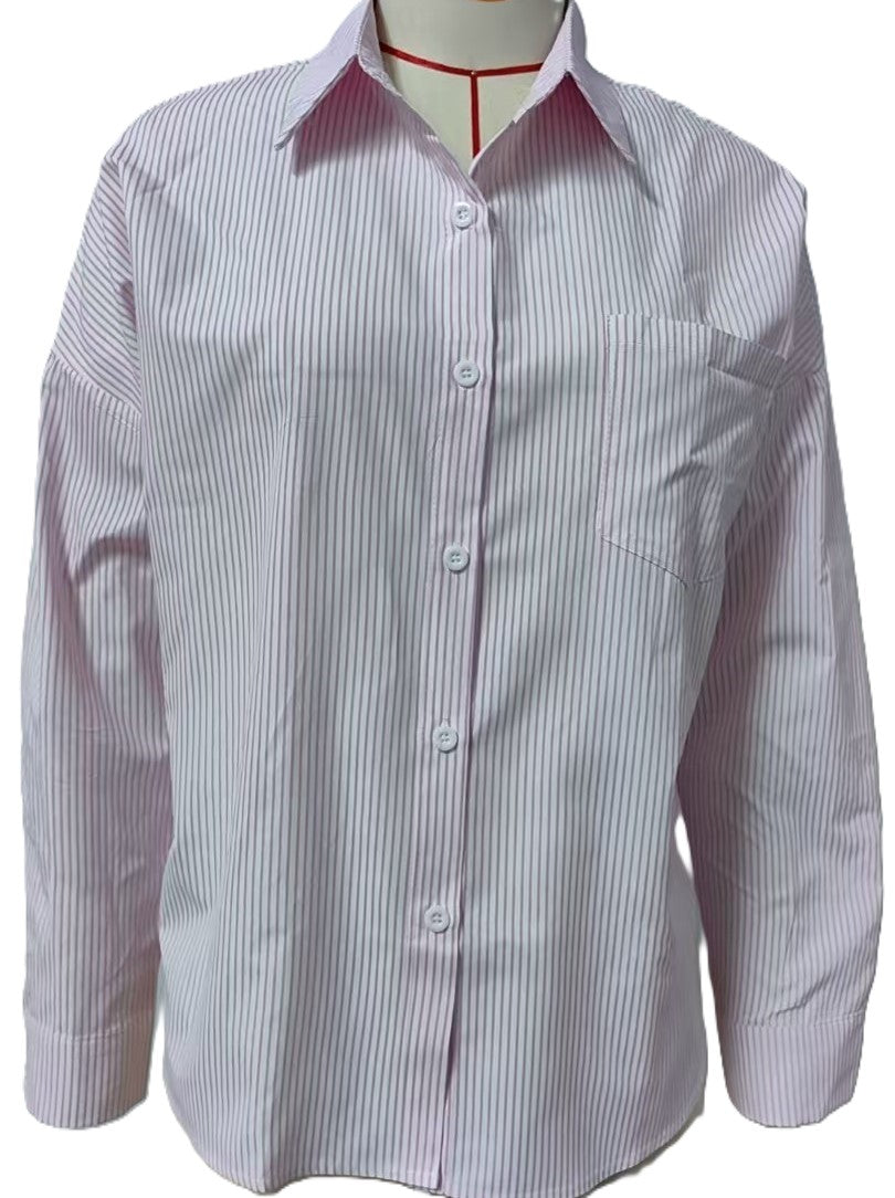 Striped Oversized Button Down Shirt - Pink - 2