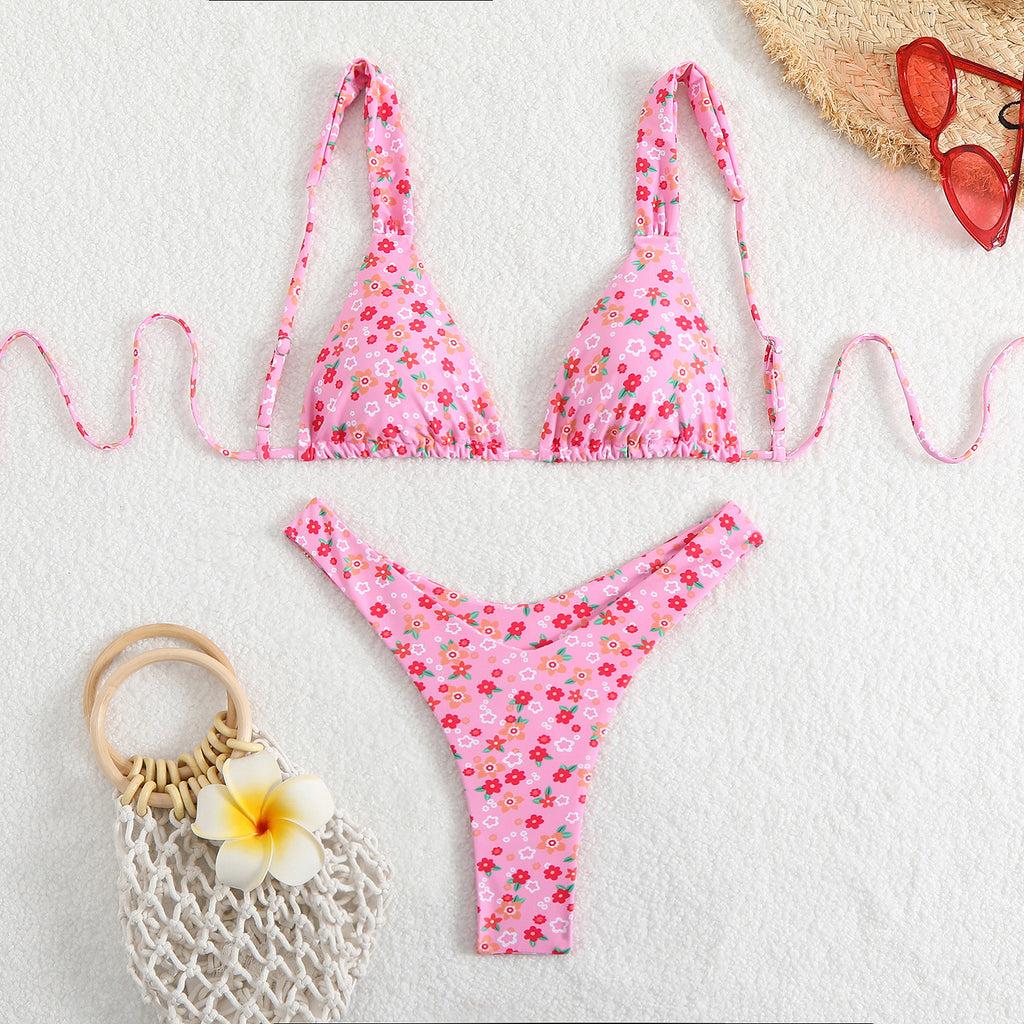 Frill Trim Triangle High Leg Bikini Set - Darkpink