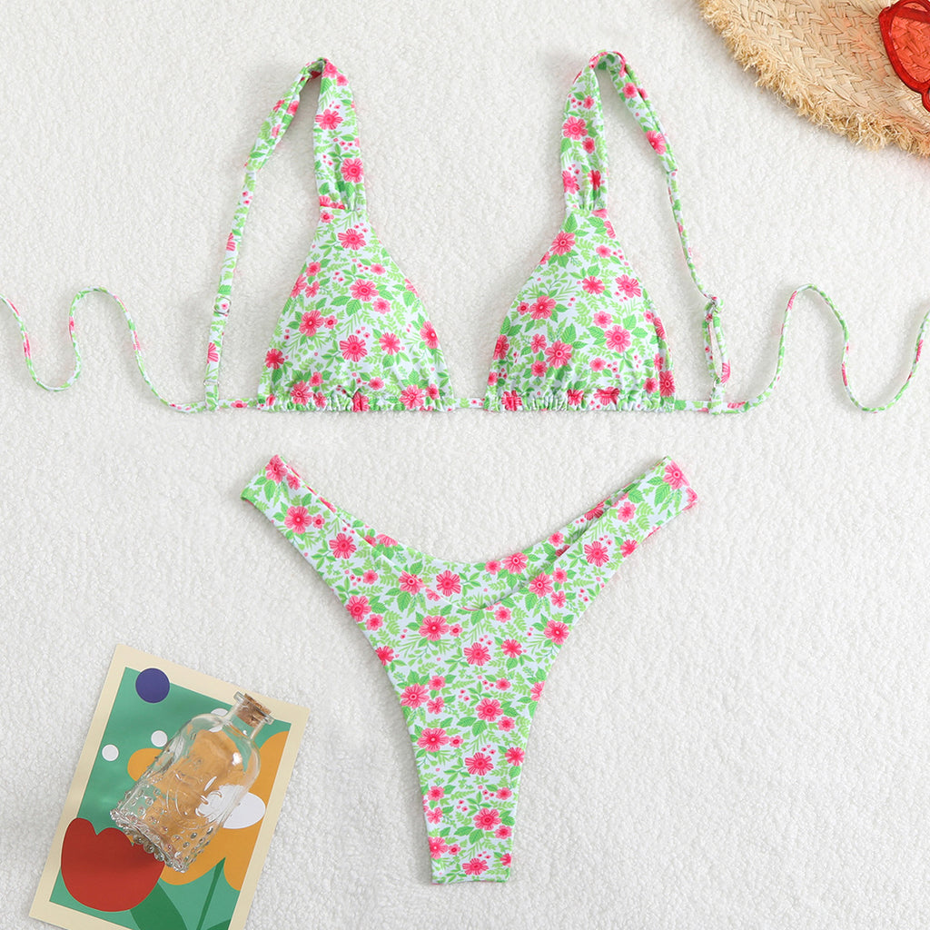 Frill Trim Triangle High Leg Bikini Set - Green