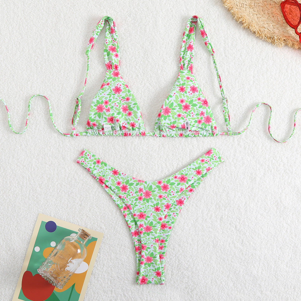 Frill Trim Triangle High Leg Bikini Set - Green - 1
