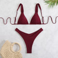 Frill Trim Triangle High Leg Bikini Set - Red