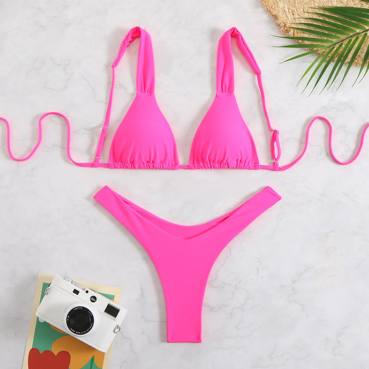 Frill Trim Triangle High Leg Bikini Set - Rosered