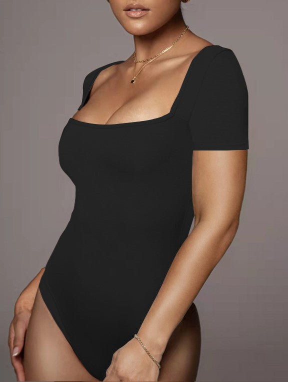 Square Neck Short Sleeve Thong Bodysuit - Black - 1