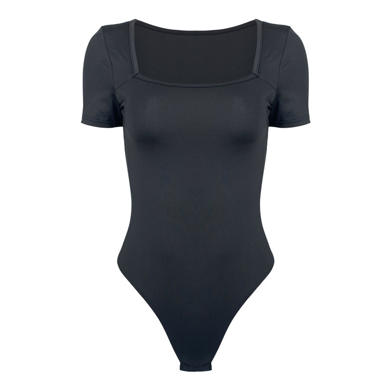Square Neck Short Sleeve Thong Bodysuit - Black - 3