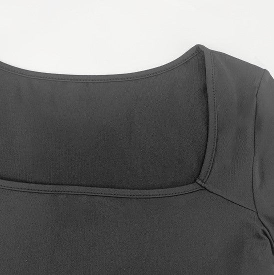 Square Neck Short Sleeve Thong Bodysuit - Black - 4