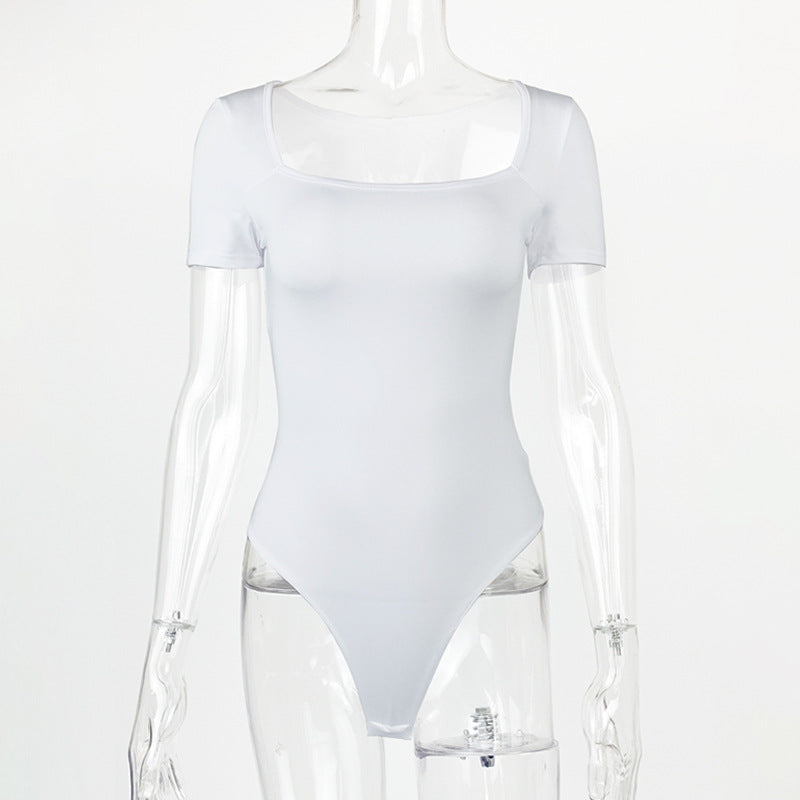 Square Neck Short Sleeve Thong Bodysuit - White - 2