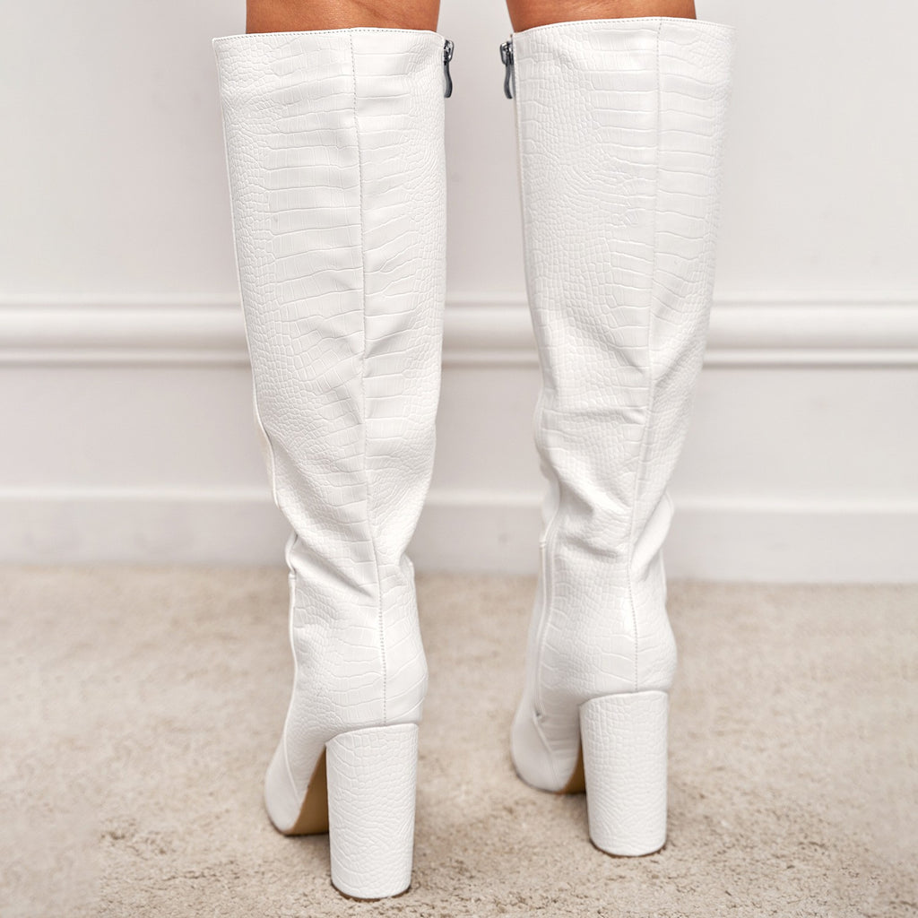 Croc Embossed Pointed Toe Knee High Boots