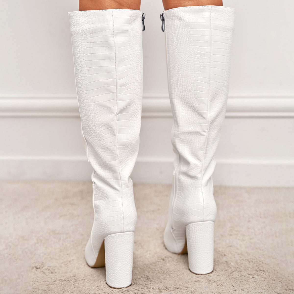 Croc Embossed Pointed Toe Knee High Boots