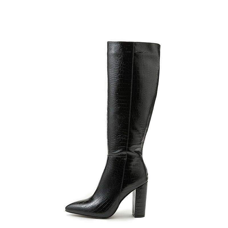 Croc Embossed Pointed Toe Knee High Boots