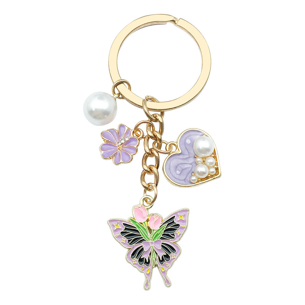 Enamel Flower And Butterfly Charm Keychain - Color_39