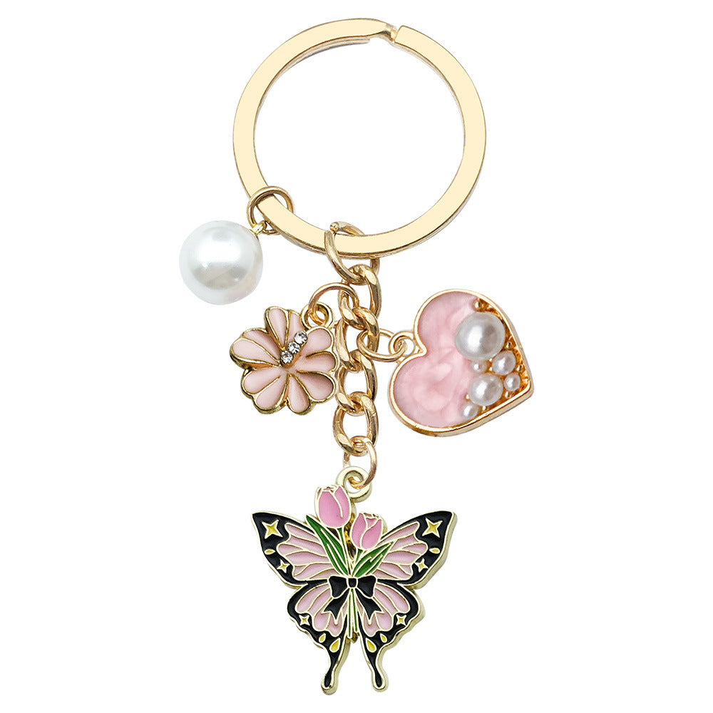 Enamel Flower And Butterfly Charm Keychain - Color_40