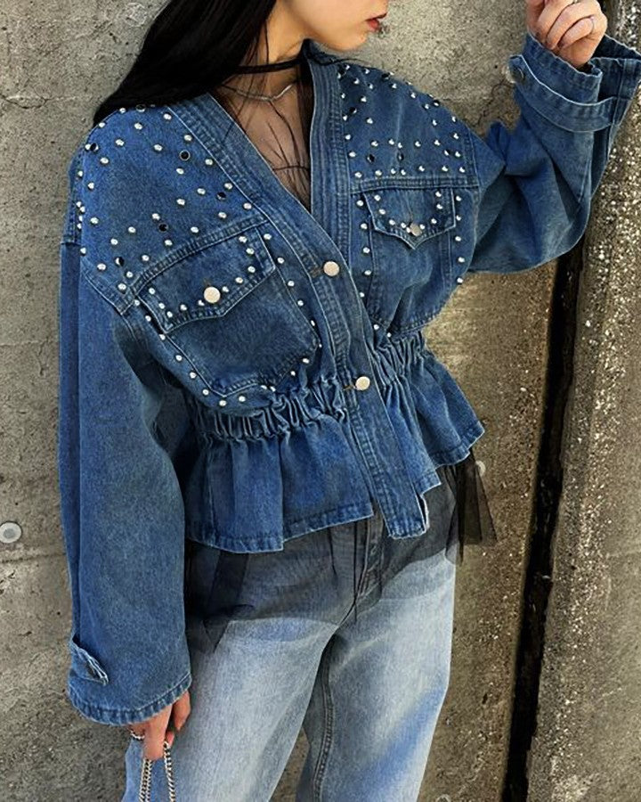 Pearl Embellished Peplum Denim Jacket - Dark-Blue