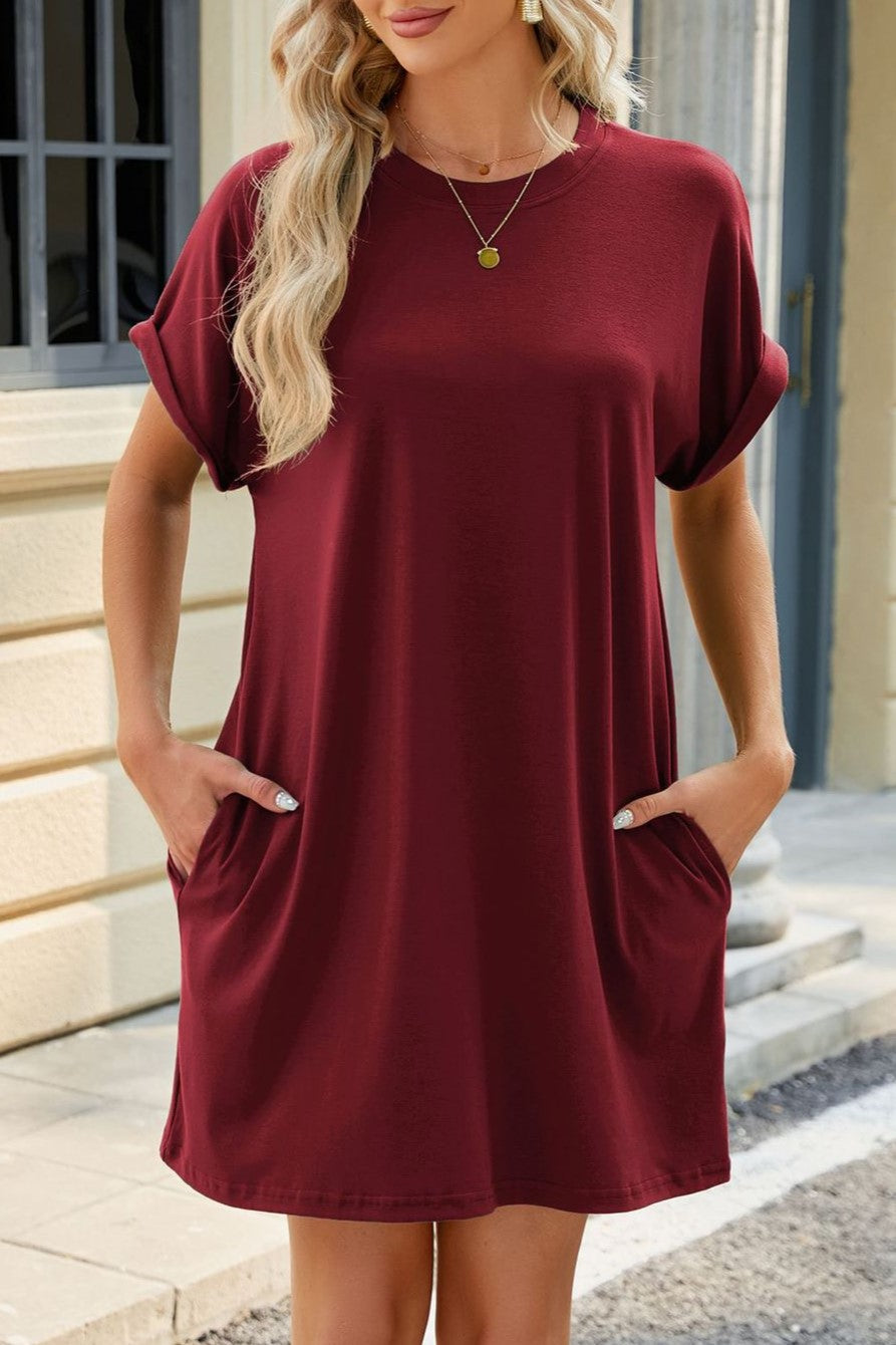 Oversized Rolled Sleeve Pocket T-Shirt Dress - Burgundy