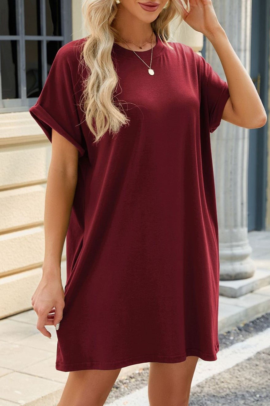 Oversized Rolled Sleeve Pocket T-Shirt Dress - Burgundy - 1