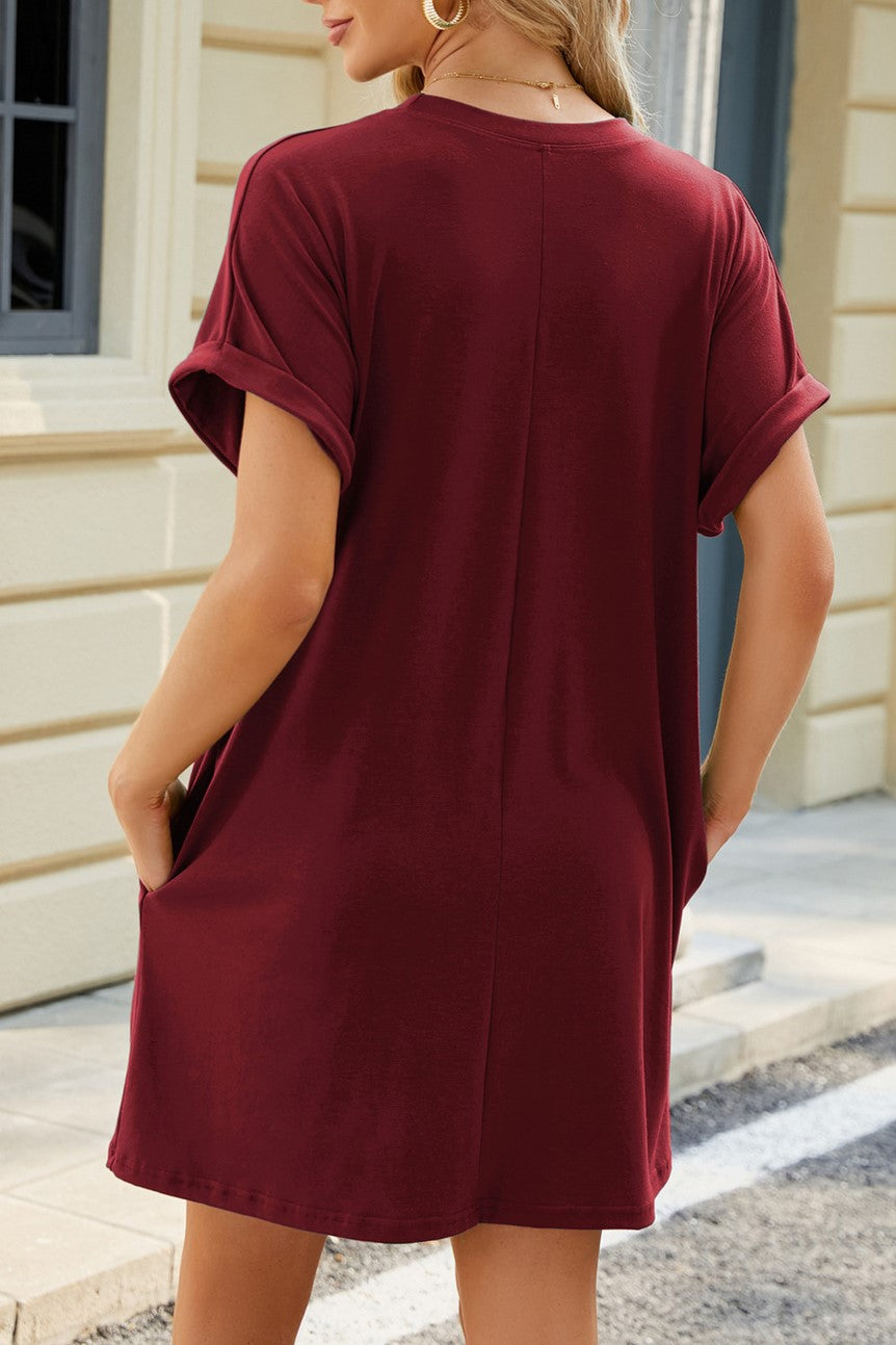 Oversized Rolled Sleeve Pocket T-Shirt Dress - Burgundy - 2