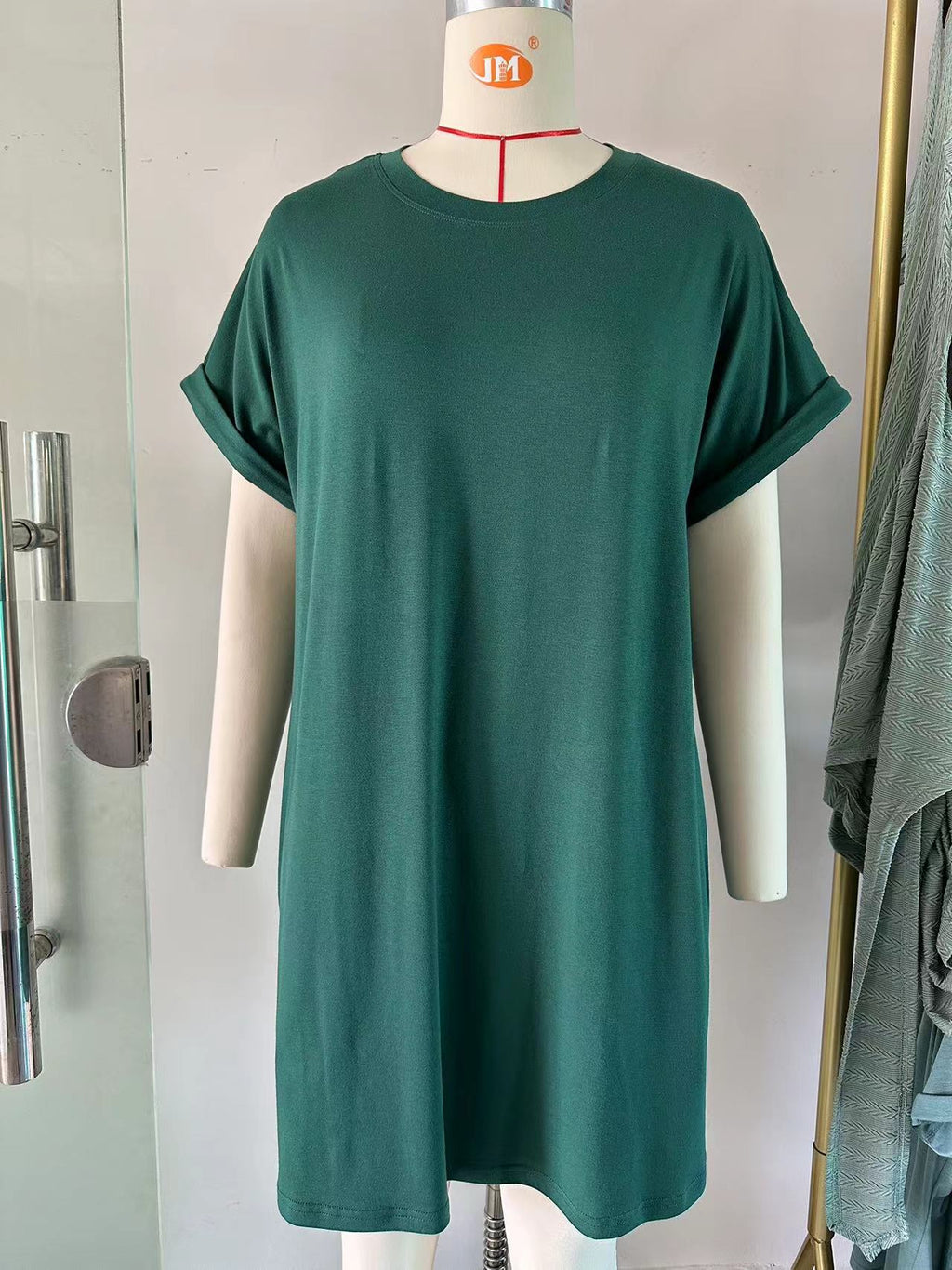 Oversized Rolled Sleeve Pocket T-Shirt Dress - Green - 4