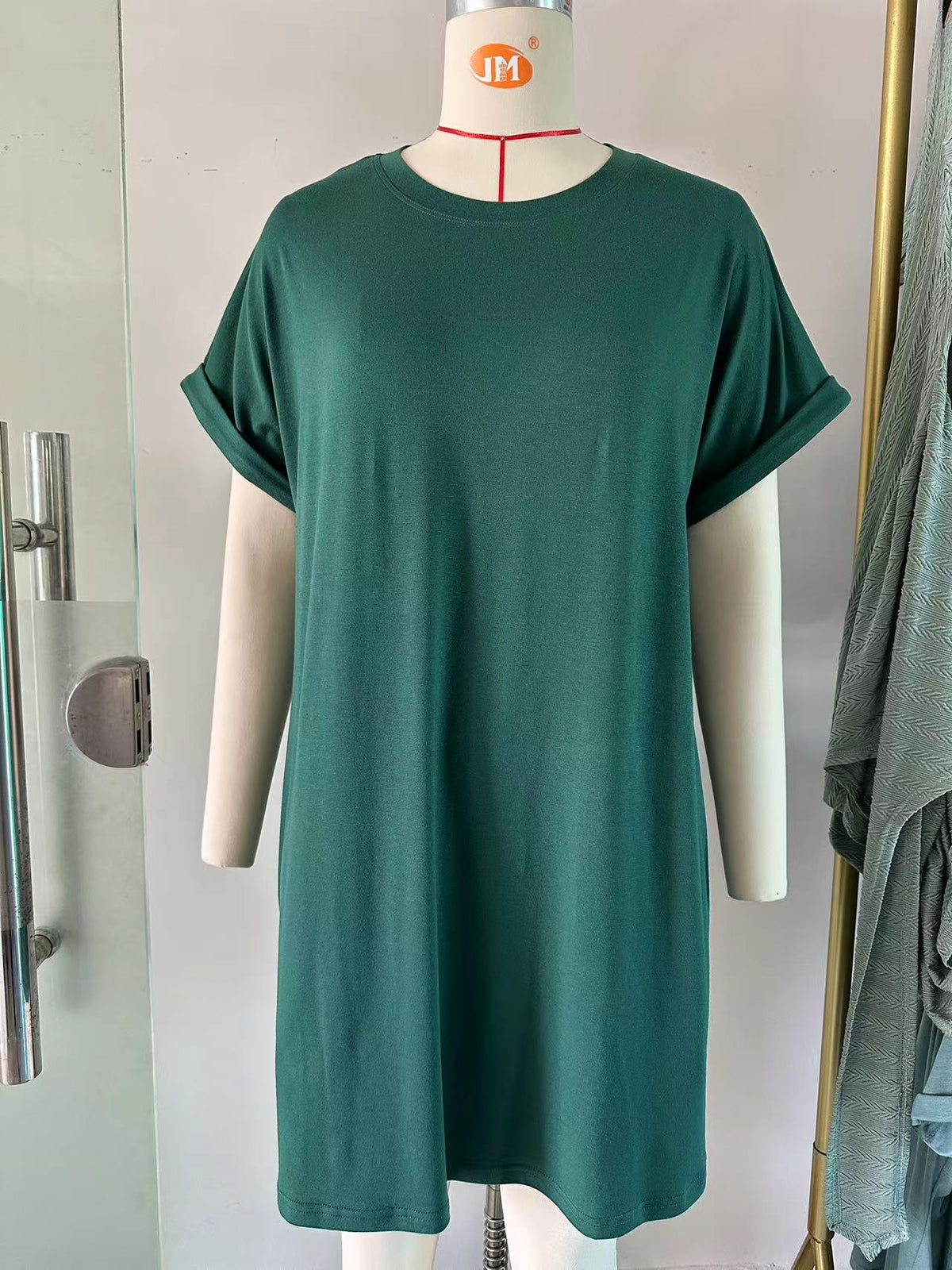 Oversized Rolled Sleeve Pocket T-Shirt Dress - Green - 4