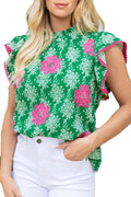 Green Damask Floral Flutter Sleeve Blouse - Green