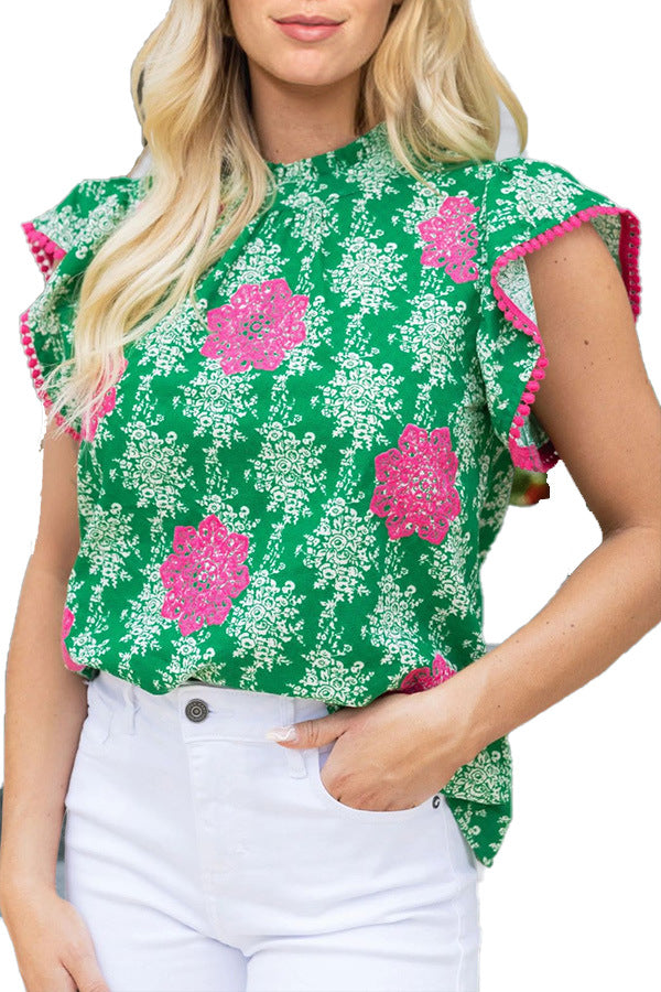 Green Damask Floral Flutter Sleeve Blouse - Green