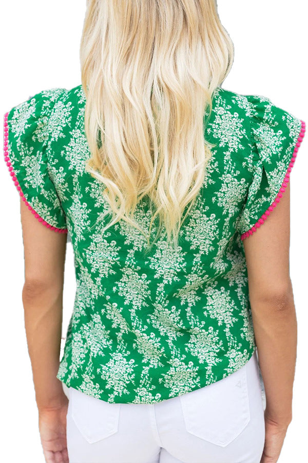 Green Damask Floral Flutter Sleeve Blouse - Green - 1