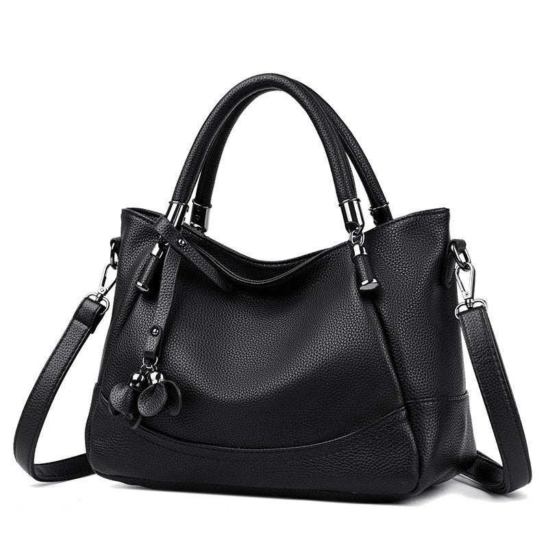 Pebbled Top Handle Satchel With Petal Charm - Black